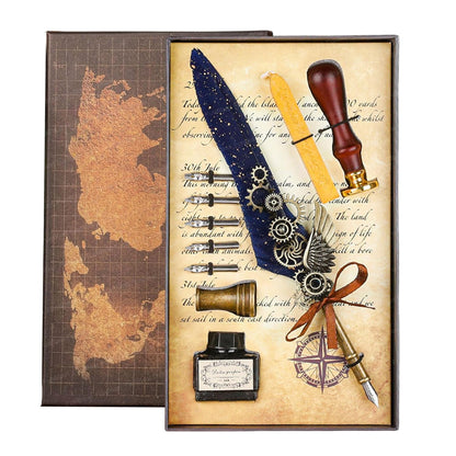 Quill Pen and Ink Set - 10 Pcs Antique Calligraphy Feather Pen Set, Writing Feather Pen Ink Set, Vintage Calligraphy Set for Signature & Art