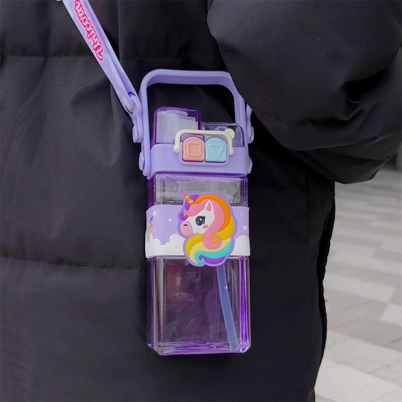 unicorn kid's cartoon water bottle with adjustable strap – cute double drinking straw cup | leak-proof, portable tumbler – 500ml – perfect for school & outdoor fun (unicorn)