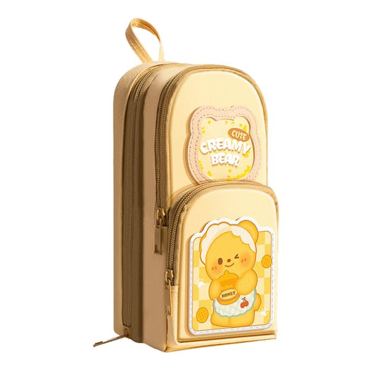 Canvas Premium Pencil Case Hang able 6 Layer with 3 Compartment Cute Aesthetic Pencil Case for Girls Large Capacity Pencil Pouch for Kids Cute Stationary Gift for Kids (Creamy Bear)