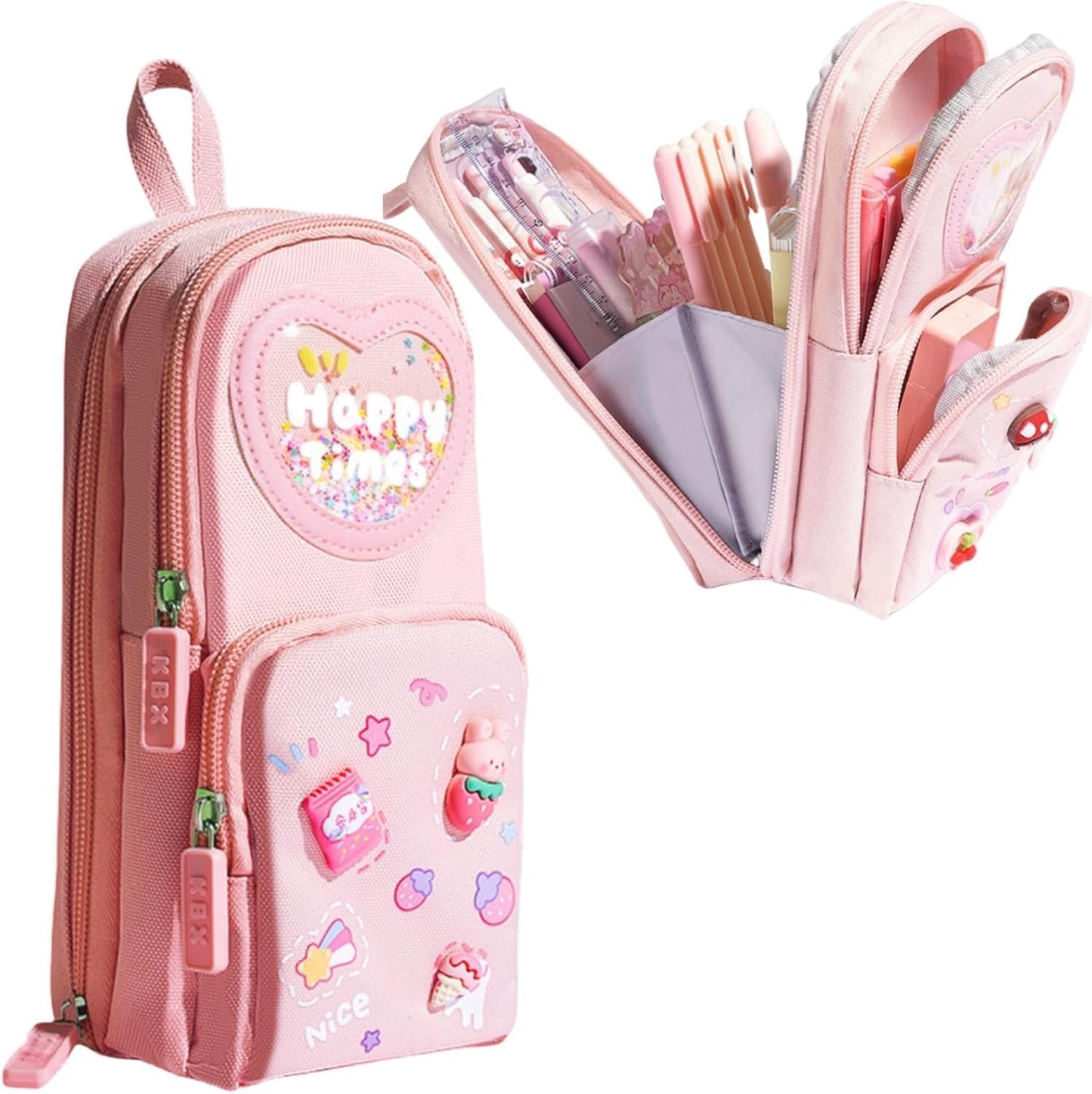 canvas premium pencil case hang able 6 layer with 3 compartment cute aesthetic pencil case for girls large capacity pencil pouch for kids cute stationary gift for kids (pink)