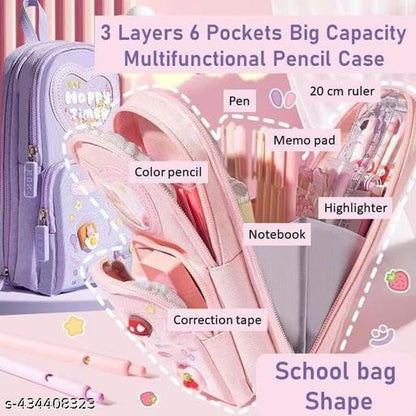 Canvas Premium Pencil Case Hang able 6 Layer with 3 Compartment Cute Aesthetic Pencil Case for Girls Large Capacity Pencil Pouch for Kids Cute Stationary Gift for Kids (Pink)
