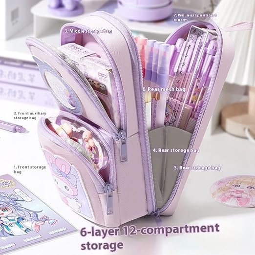 canvas premium pencil case hang able 6 layer with 3 compartment cute aesthetic pencil case for girls large capacity pencil pouch for kids cute stationary gift for kids (cute rabbit pink)