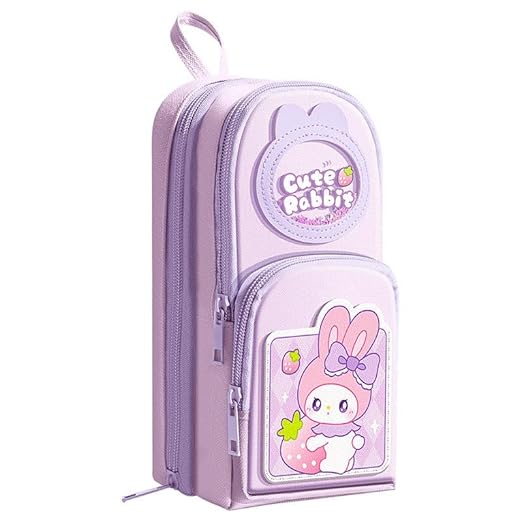 Canvas Premium Pencil Case Hang able 6 Layer with 3 Compartment Cute Aesthetic Pencil Case for Girls Large Capacity Pencil Pouch for Kids Cute Stationary Gift for Kids (Cute Rabbit Pink)