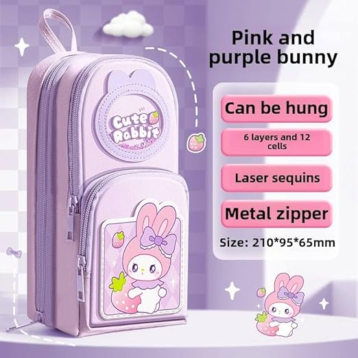 canvas premium pencil case hang able 6 layer with 3 compartment cute aesthetic pencil case for girls large capacity pencil pouch for kids cute stationary gift for kids (cute rabbit pink)