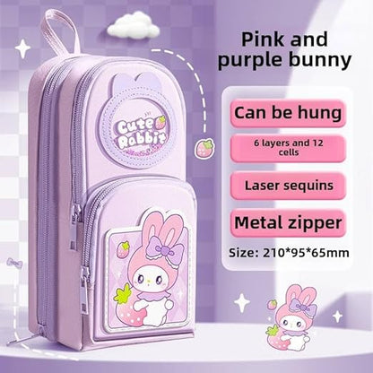 Canvas Premium Pencil Case Hang able 6 Layer with 3 Compartment Cute Aesthetic Pencil Case for Girls Large Capacity Pencil Pouch for Kids Cute Stationary Gift for Kids (Cute Rabbit Pink)