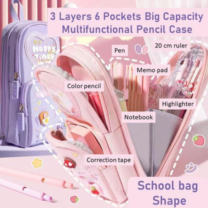 3 Compartment Cute Aesthetic Pencil Case Pencil Pouch Pencil Box for Kids Girls Boys Cute Stationery for Kids Gift for Children Pouch for School Pen Pencil Pouches (Happy TIME Purple)