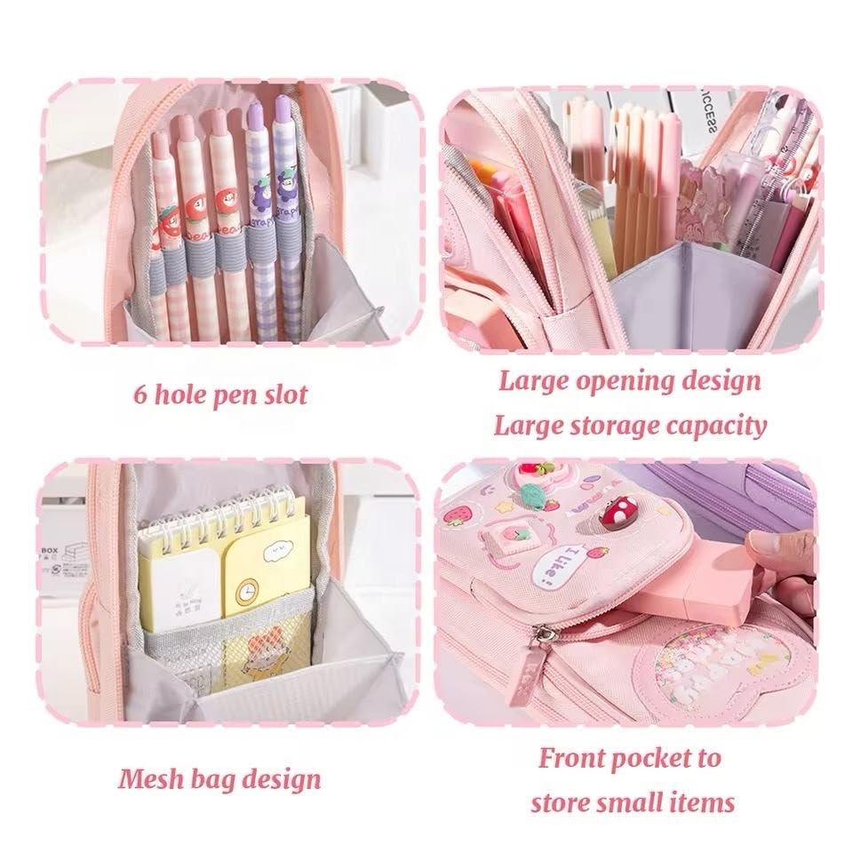 canvas premium pencil case hang able 6 layer with 3 compartment cute aesthetic pencil case for girls large capacity pencil pouch for kids cute stationary gift for kids (pink)