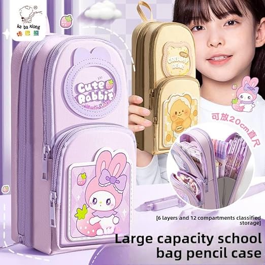 canvas premium pencil case hang able 6 layer with 3 compartment cute aesthetic pencil case for girls large capacity pencil pouch for kids cute stationary gift for kids (cute rabbit pink)