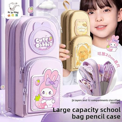 Canvas Premium Pencil Case Hang able 6 Layer with 3 Compartment Cute Aesthetic Pencil Case for Girls Large Capacity Pencil Pouch for Kids Cute Stationary Gift for Kids (Cute Rabbit Pink)