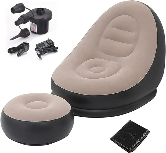 2-in-1 Lounge Chair Set Portable Recliner with Air Pump, Inflatable Leisure Sofa Chair and Footstool, Outdoor Folding Lounger Flocking Lazy Couch, Air Bag Chair and Stool.