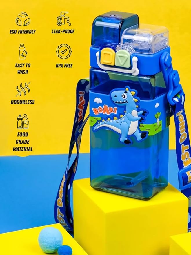 dino kid's cartoon water bottle with adjustable strap – cute double drinking straw cup | leak-proof, portable tumbler – 500ml – perfect for school & outdoor fun (dino)