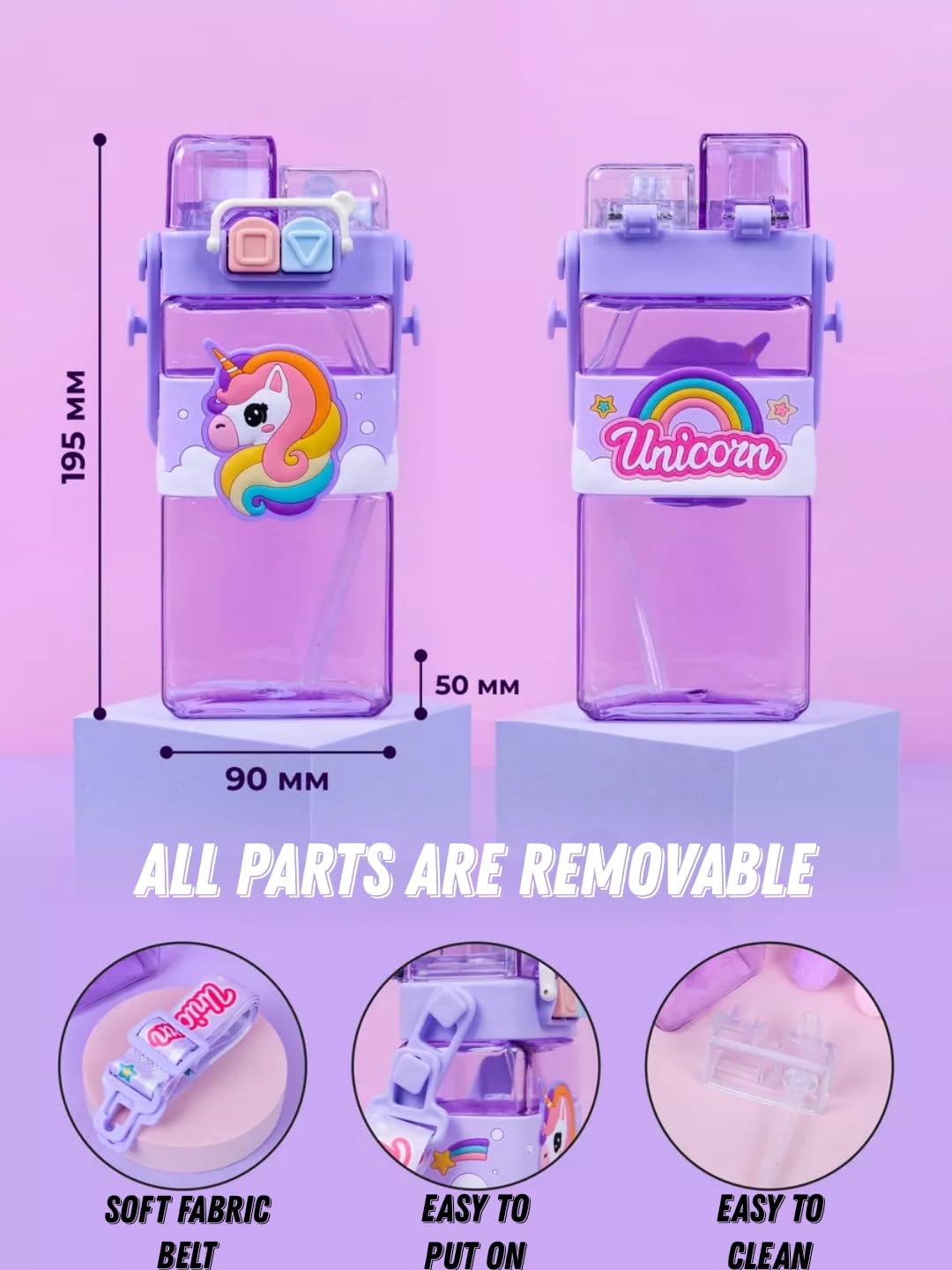 unicorn kid's cartoon water bottle with adjustable strap – cute double drinking straw cup | leak-proof, portable tumbler – 500ml – perfect for school & outdoor fun (unicorn)
