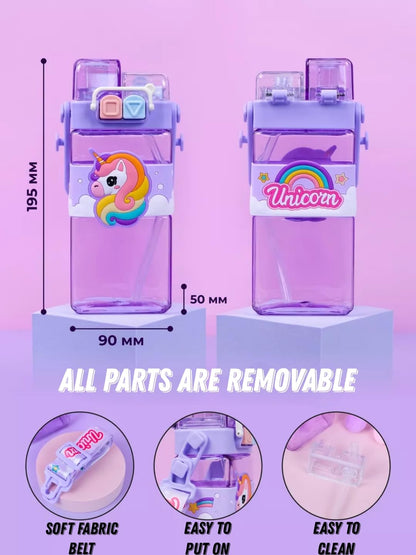 Unicorn Kid's Cartoon Water Bottle with Adjustable Strap – Cute Double Drinking Straw Cup | Leak-Proof, Portable Tumbler – 500ML – Perfect for School & Outdoor Fun (Unicorn)