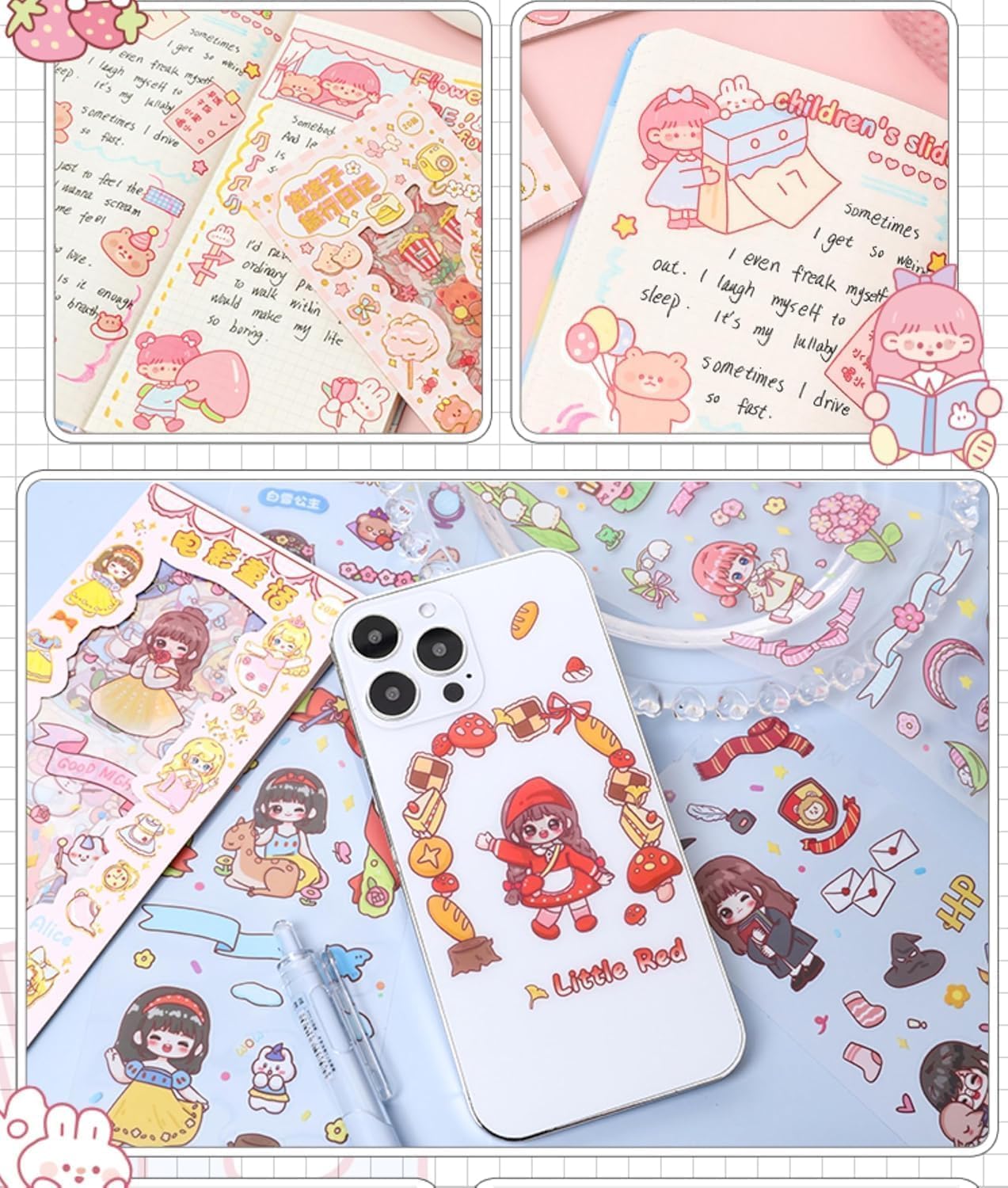 cute cartoon theme kawaii stickers-20 pet sheets cute washi stickers for project, girls sticker set for kids, self-adhesive sticker, kawaii sticker sheet size - 40 x 8 cm