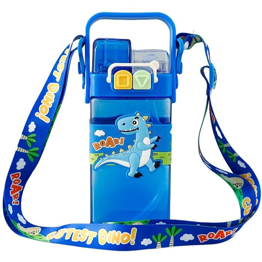 Dino Kid's Cartoon Water Bottle with Adjustable Strap – Cute Double Drinking Straw Cup | Leak-Proof, Portable Tumbler – 500ML – Perfect for School & Outdoor Fun (Dino)