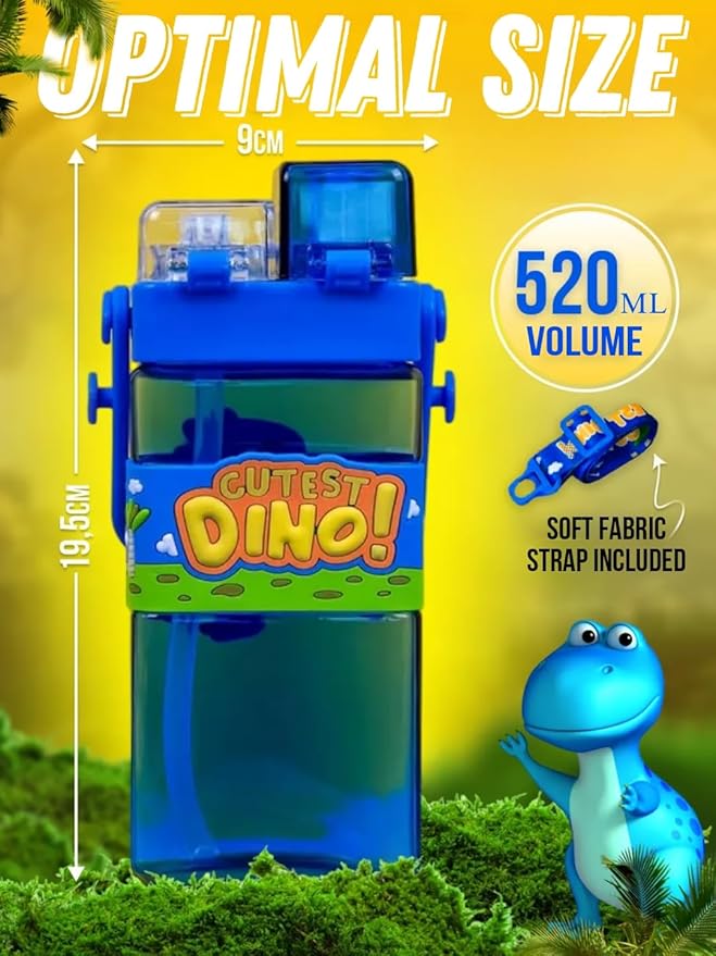 dino kid's cartoon water bottle with adjustable strap – cute double drinking straw cup | leak-proof, portable tumbler – 500ml – perfect for school & outdoor fun (dino)