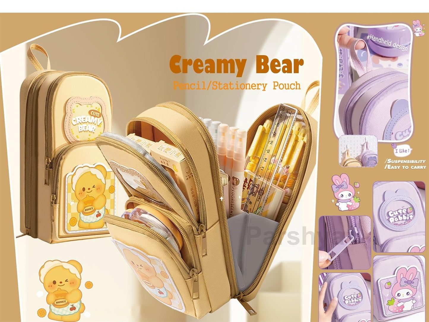 canvas premium pencil case hang able 6 layer with 3 compartment cute aesthetic pencil case for girls large capacity pencil pouch for kids cute stationary gift for kids (creamy bear)