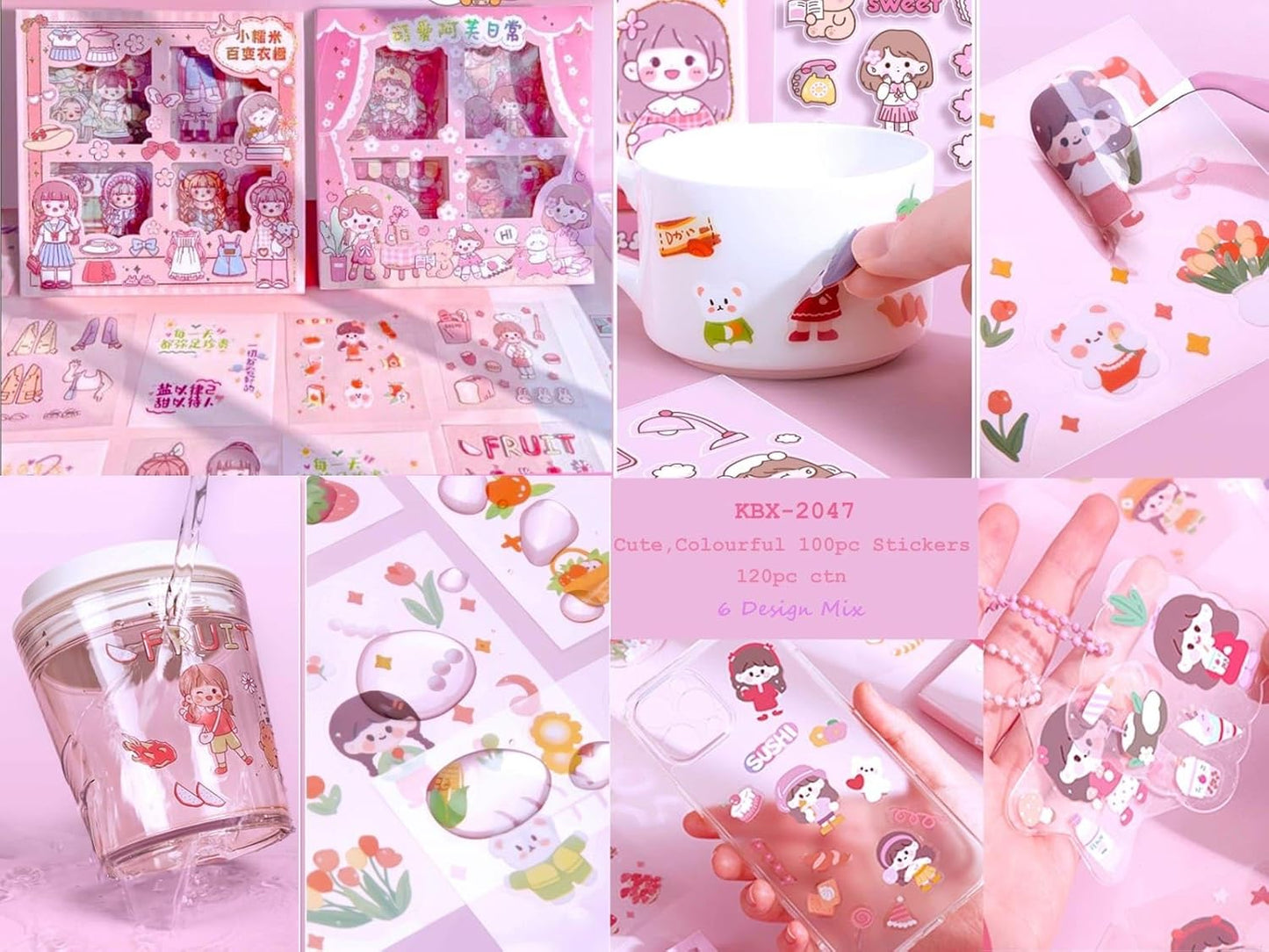 kawaii self adhesive floor stickers -100 sheets cute washi for project, japanese style girls sticker set, scrapbooking, diy arts crafts (assorted design) 18 x 18 x 2 cms, pvc.