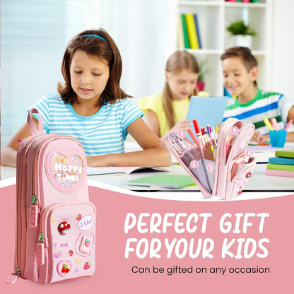 Canvas Premium Pencil Case Hang able 6 Layer with 3 Compartment Cute Aesthetic Pencil Case for Girls Large Capacity Pencil Pouch for Kids Cute Stationary Gift for Kids (Pink)