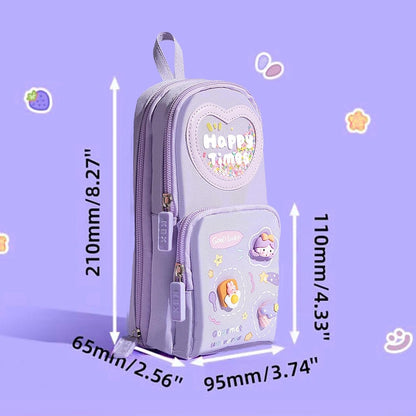 3 Compartment Cute Aesthetic Pencil Case Pencil Pouch Pencil Box for Kids Girls Boys Cute Stationery for Kids Gift for Children Pouch for School Pen Pencil Pouches (Happy TIME Purple)