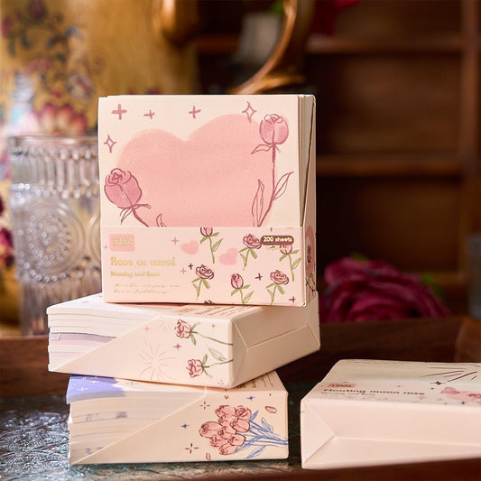 Romantic Sticky Notes Set, Multicolour, Over 200 Rectangular Self-Stick Memo Pads with Delicate Heart, Rose & Butterfly Designs for Journaling, Office, Creative Projects (pack-1)