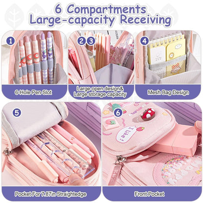 Canvas Premium Pencil Case Hang able 6 Layer with 3 Compartment Cute Aesthetic Pencil Case for Girls Large Capacity Pencil Pouch for Kids Cute Stationary Gift for Kids (Pink)