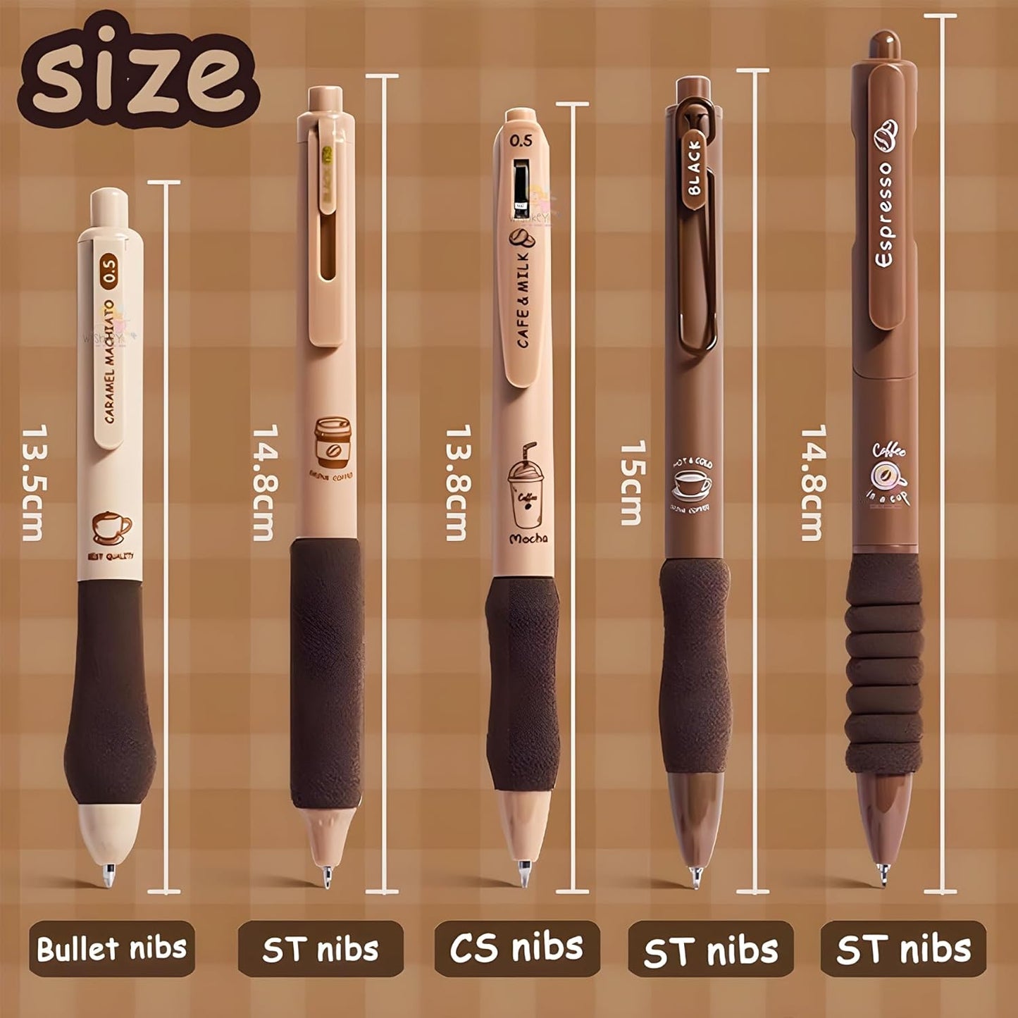 coffee theme kawaii japanese stationary items - 0.5mm retractable blue ink gel pens set of 5, cute pen for school, college teenagers, aesthetic office use