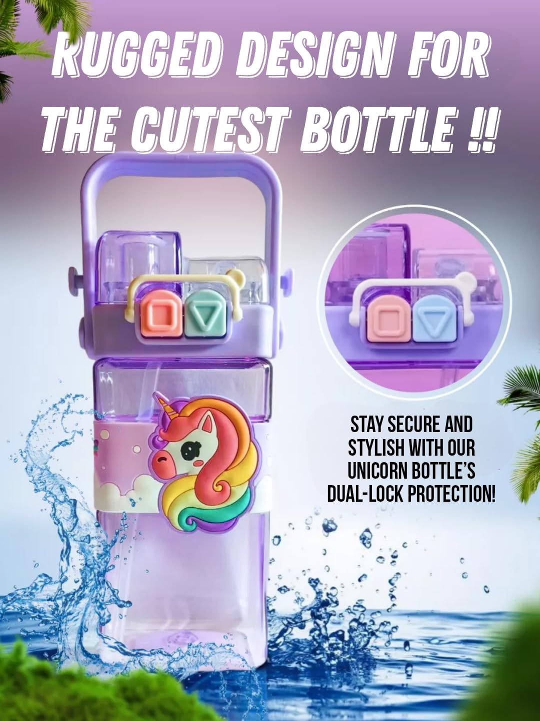 unicorn kid's cartoon water bottle with adjustable strap – cute double drinking straw cup | leak-proof, portable tumbler – 500ml – perfect for school & outdoor fun (unicorn)
