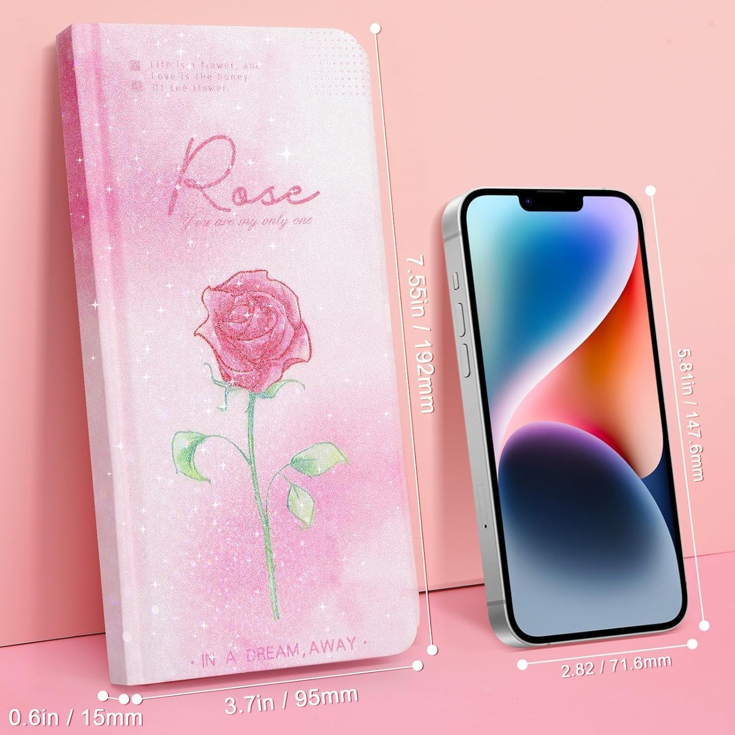 notebook planner – glitter gradient hard cover | pocket to-do notepad & checklist | simplified undated daily planner | 192 pages stylish notebook for office & school (rose)