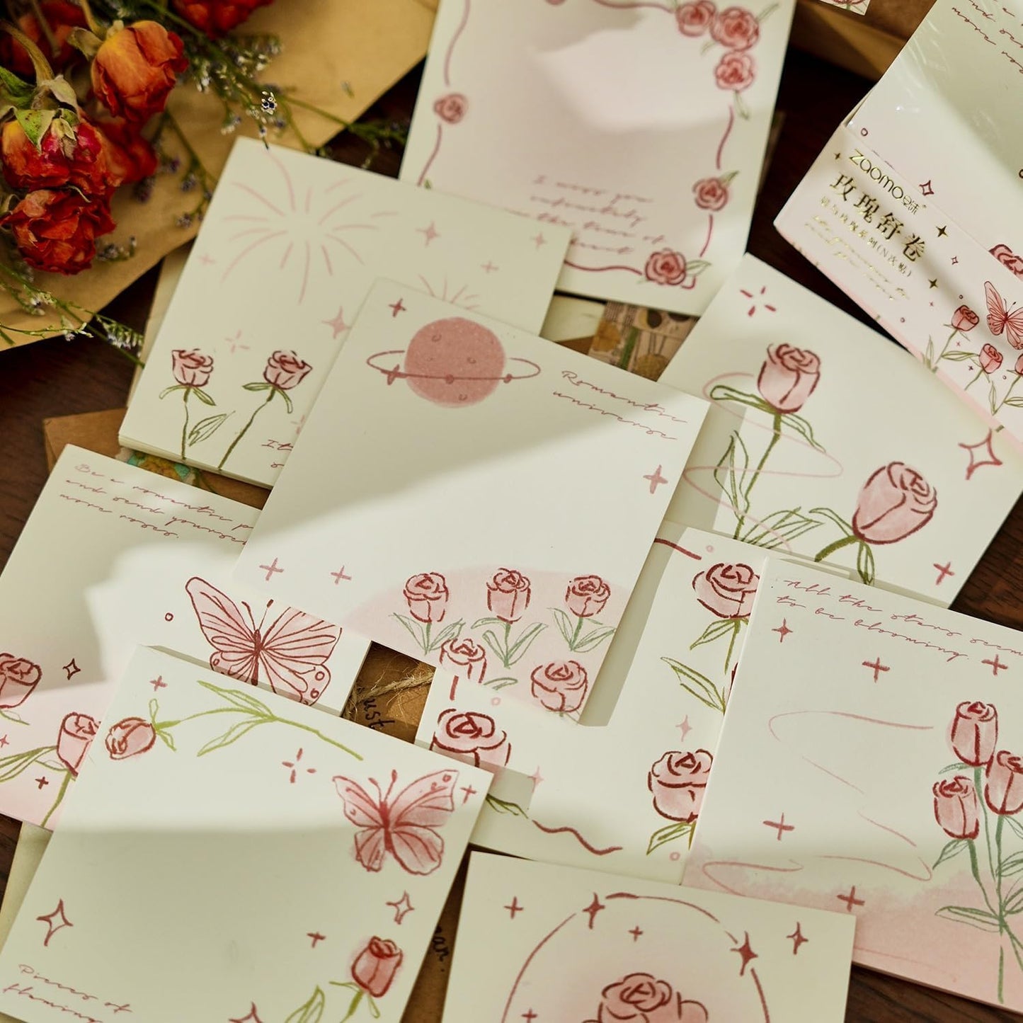 romantic sticky notes set, multicolour, over 200 rectangular self-stick memo pads with delicate heart, rose & butterfly designs for journaling, office, creative projects (pack-1)