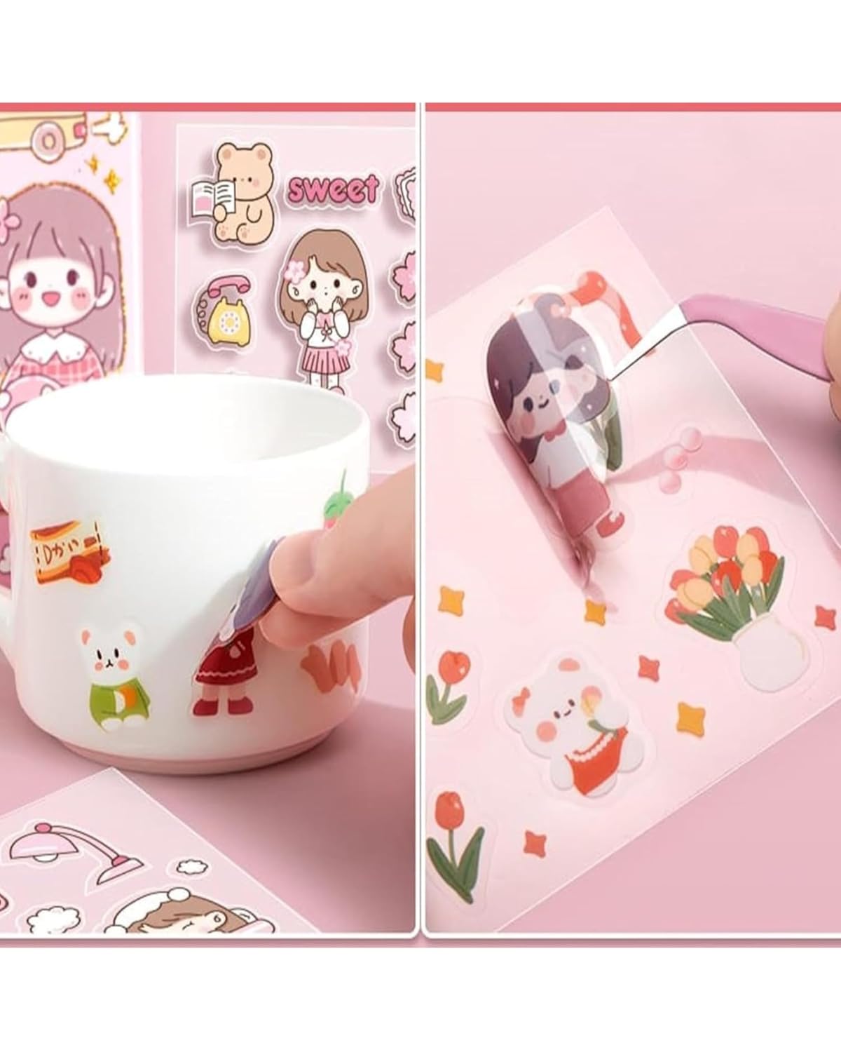 kawaii self adhesive floor stickers -100 sheets cute washi for project, japanese style girls sticker set, scrapbooking, diy arts crafts (assorted design) 18 x 18 x 2 cms, pvc.
