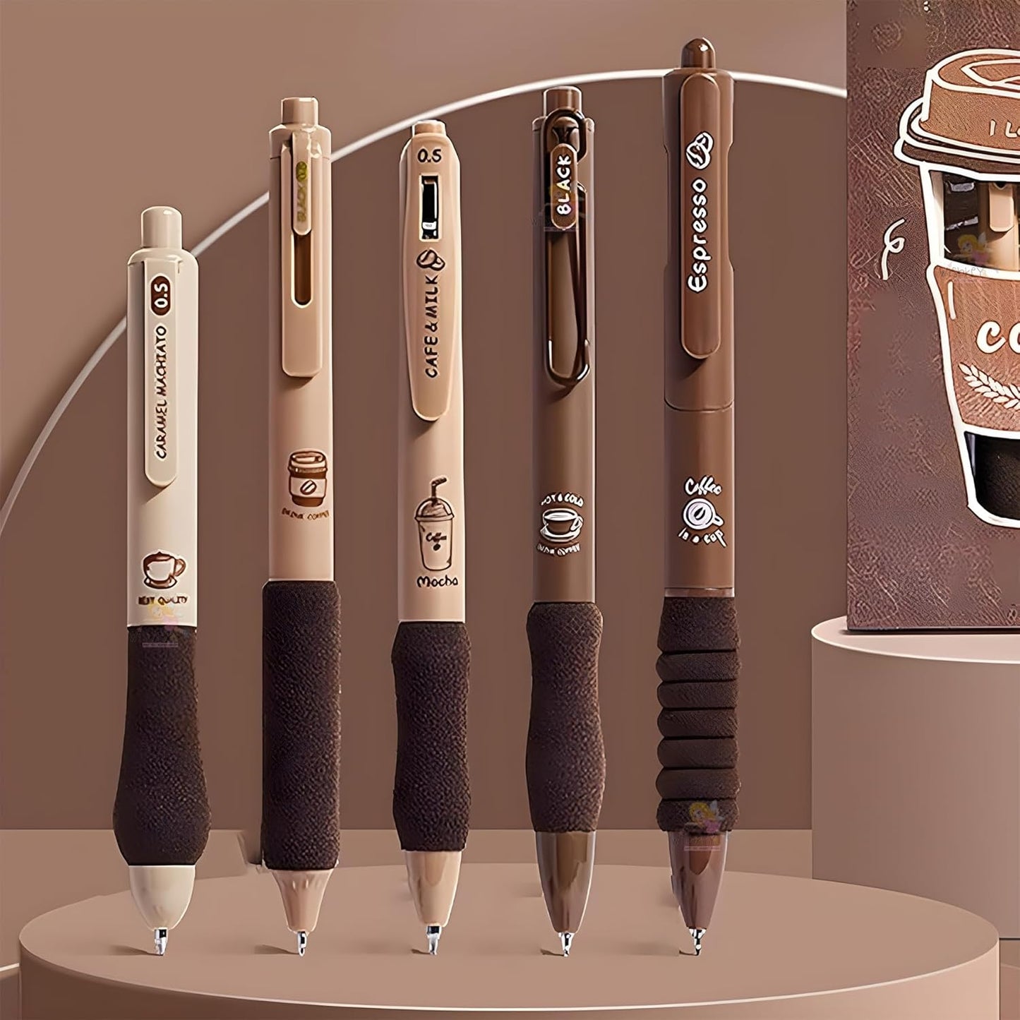 coffee theme kawaii japanese stationary items - 0.5mm retractable blue ink gel pens set of 5, cute pen for school, college teenagers, aesthetic office use