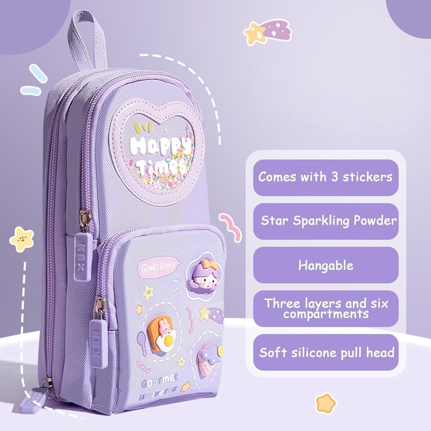 3 compartment cute aesthetic pencil case pencil pouch pencil box for kids girls boys cute stationery for kids gift for children pouch for school pen pencil pouches (happy time purple)