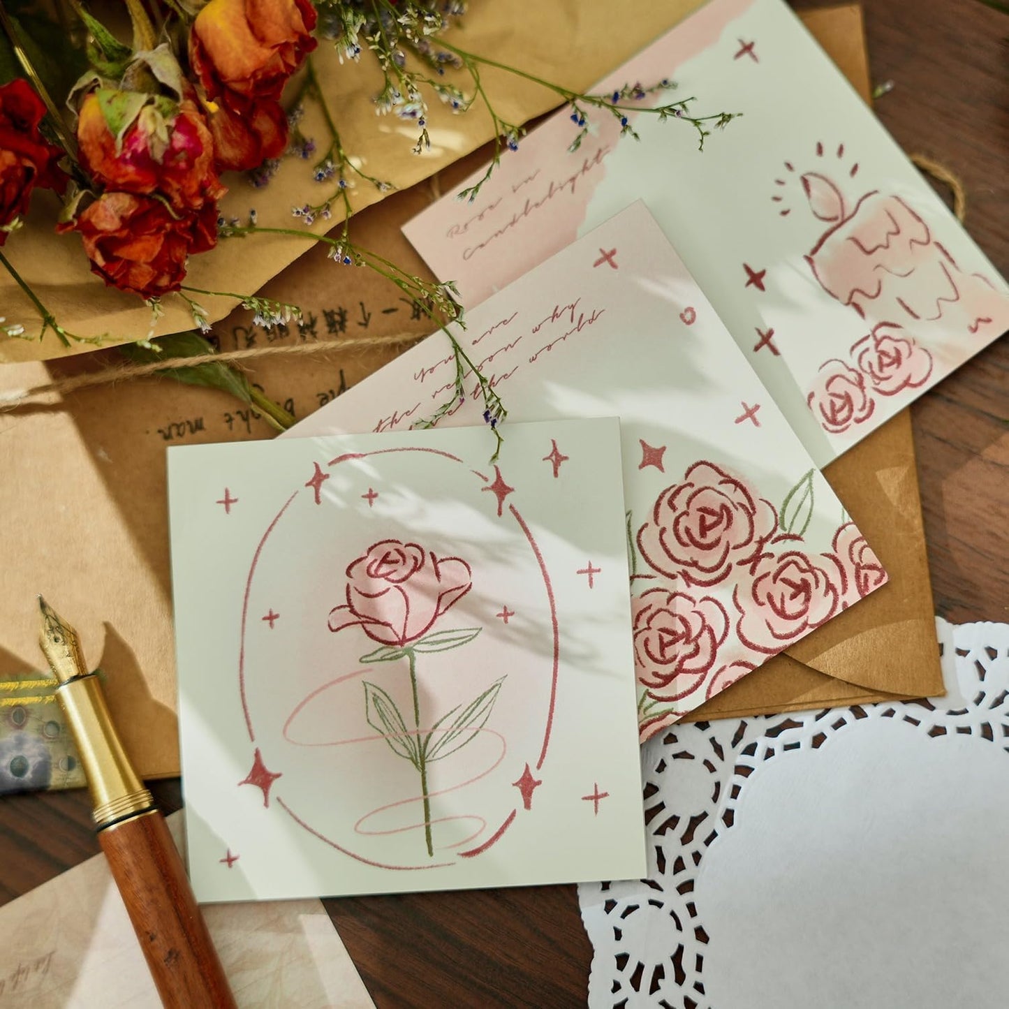 romantic sticky notes set, multicolour, over 200 rectangular self-stick memo pads with delicate heart, rose & butterfly designs for journaling, office, creative projects (pack-1)