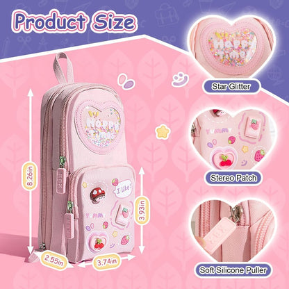 Canvas Premium Pencil Case Hang able 6 Layer with 3 Compartment Cute Aesthetic Pencil Case for Girls Large Capacity Pencil Pouch for Kids Cute Stationary Gift for Kids (Pink)