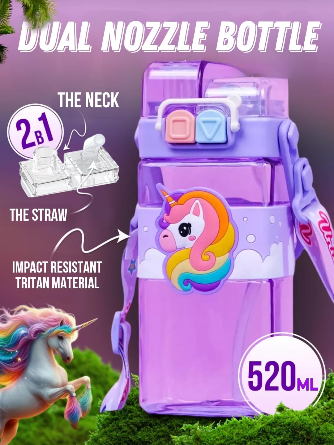 unicorn kid's cartoon water bottle with adjustable strap – cute double drinking straw cup | leak-proof, portable tumbler – 500ml – perfect for school & outdoor fun (unicorn)