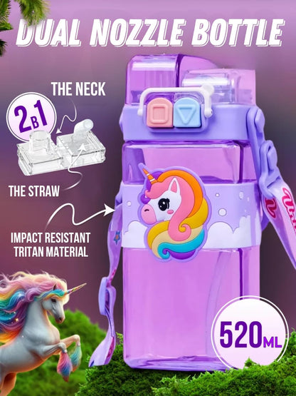 Unicorn Kid's Cartoon Water Bottle with Adjustable Strap – Cute Double Drinking Straw Cup | Leak-Proof, Portable Tumbler – 500ML – Perfect for School & Outdoor Fun (Unicorn)