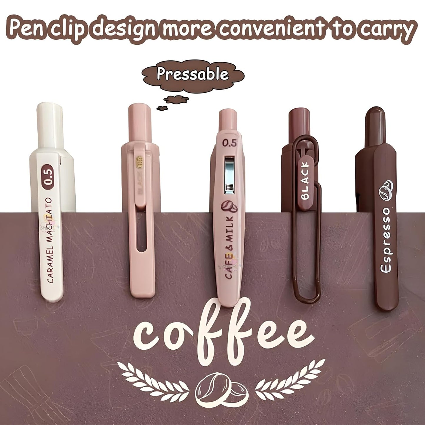 coffee theme kawaii japanese stationary items - 0.5mm retractable blue ink gel pens set of 5, cute pen for school, college teenagers, aesthetic office use