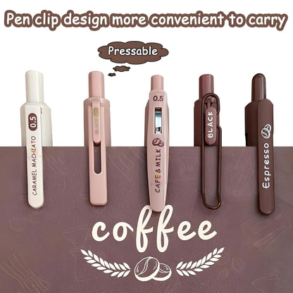 Coffee Theme Kawaii Japanese Stationary Items - 0.5mm Retractable Blue Ink Gel Pens Set of 5, Cute Pen for School, College Teenagers, Aesthetic Office Use