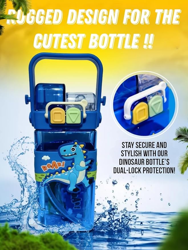 dino kid's cartoon water bottle with adjustable strap – cute double drinking straw cup | leak-proof, portable tumbler – 500ml – perfect for school & outdoor fun (dino)