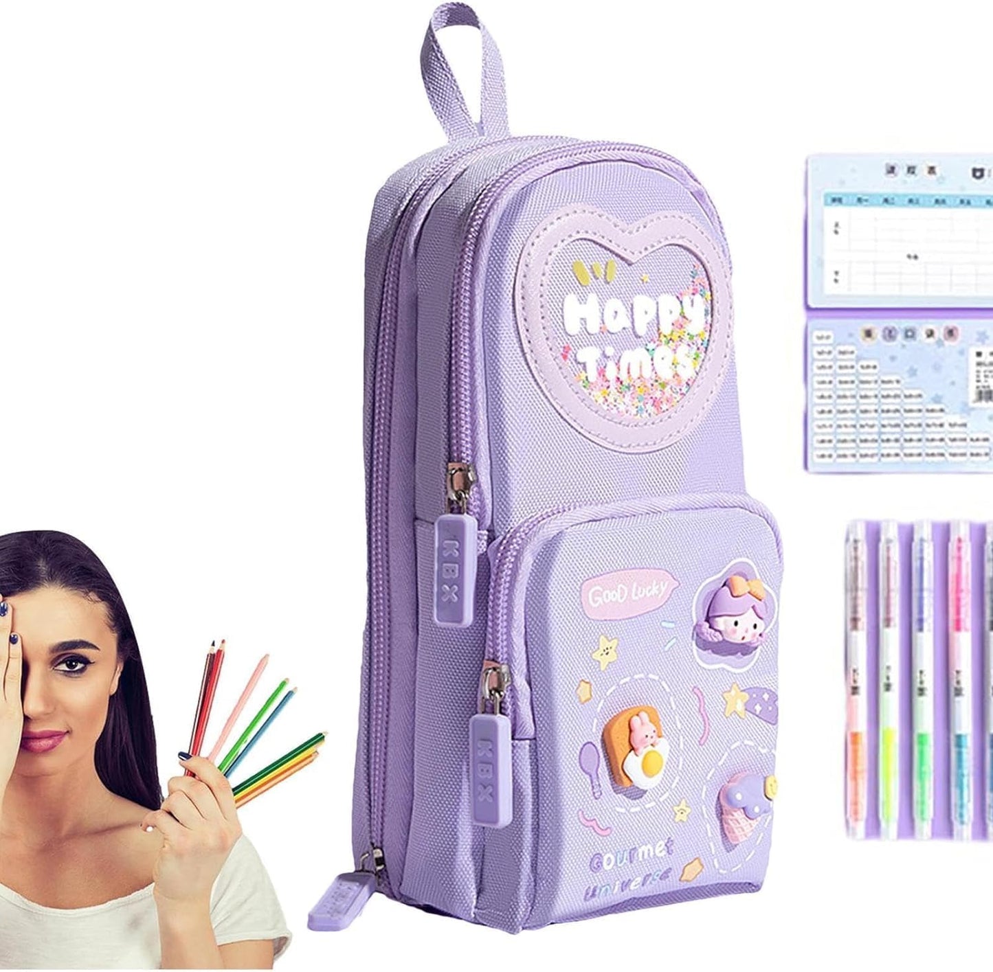 3 compartment cute aesthetic pencil case pencil pouch pencil box for kids girls boys cute stationery for kids gift for children pouch for school pen pencil pouches (happy time purple)