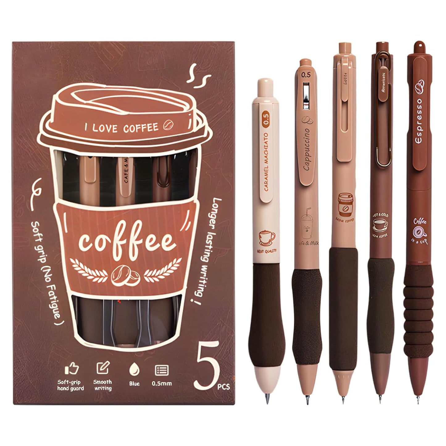 coffee theme kawaii japanese stationary items - 0.5mm retractable blue ink gel pens set of 5, cute pen for school, college teenagers, aesthetic office use