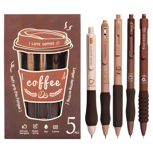 Coffee Theme Kawaii Japanese Stationary Items - 0.5mm Retractable Blue Ink Gel Pens Set of 5, Cute Pen for School, College Teenagers, Aesthetic Office Use