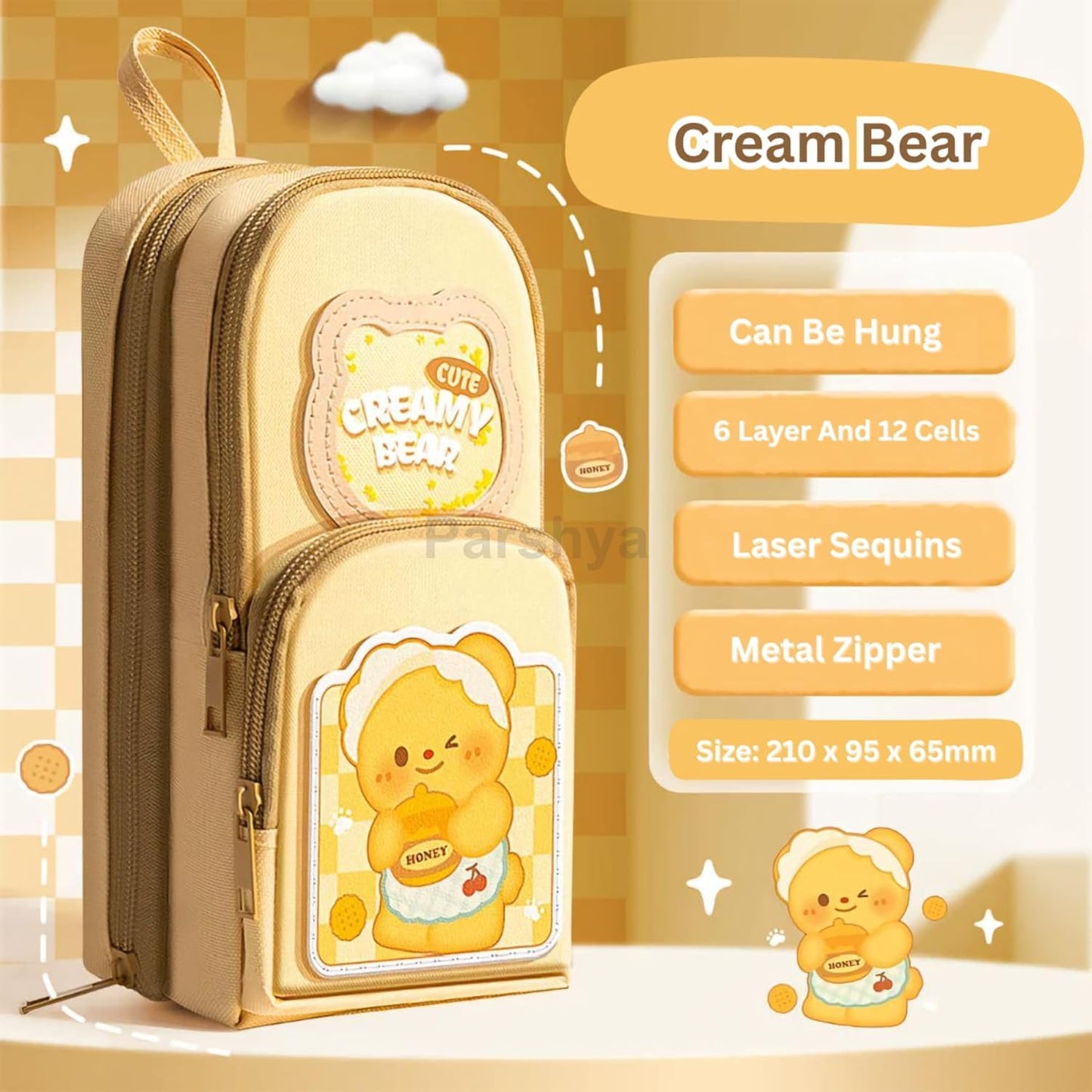 canvas premium pencil case hang able 6 layer with 3 compartment cute aesthetic pencil case for girls large capacity pencil pouch for kids cute stationary gift for kids (creamy bear)