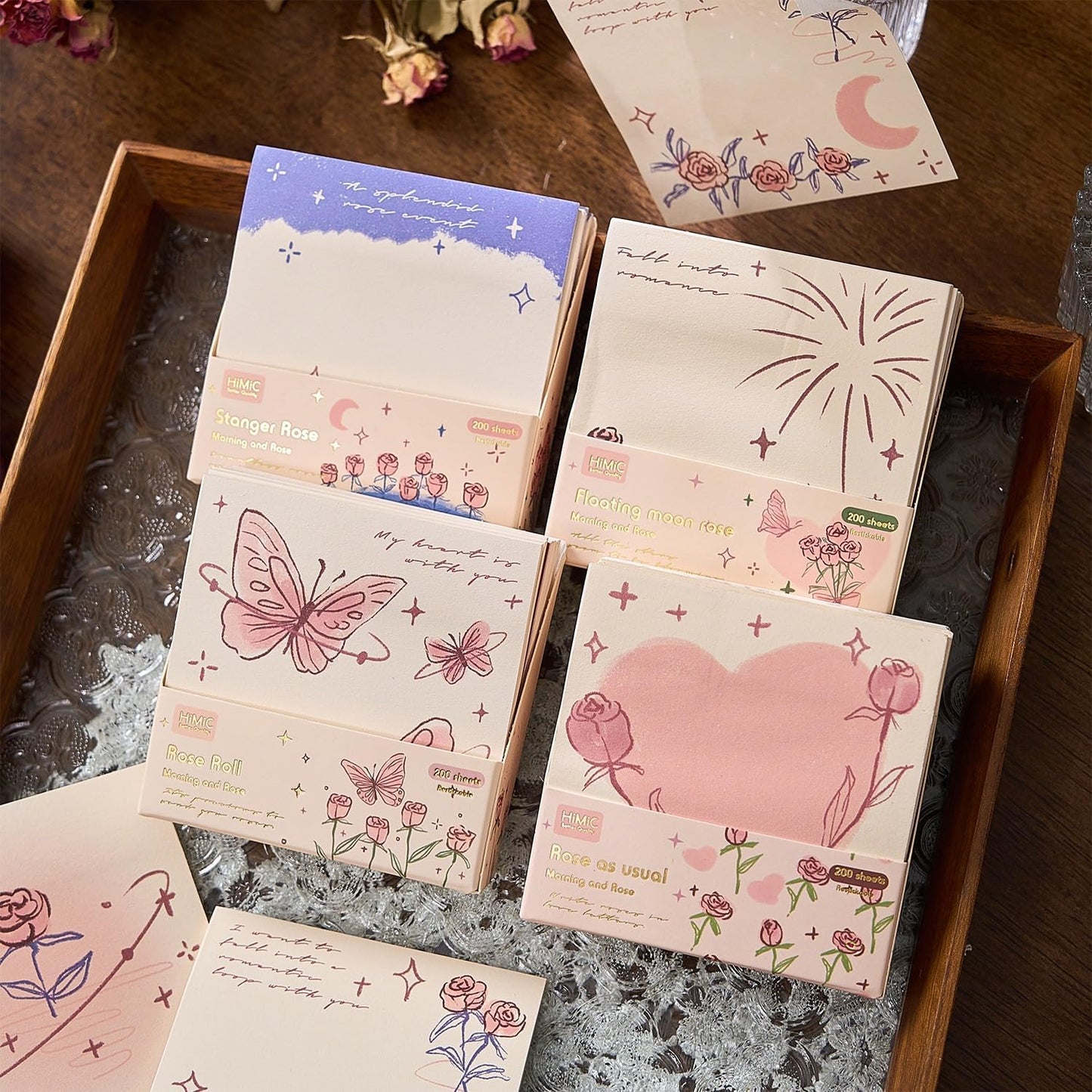 romantic sticky notes set, multicolour, over 200 rectangular self-stick memo pads with delicate heart, rose & butterfly designs for journaling, office, creative projects (pack-1)