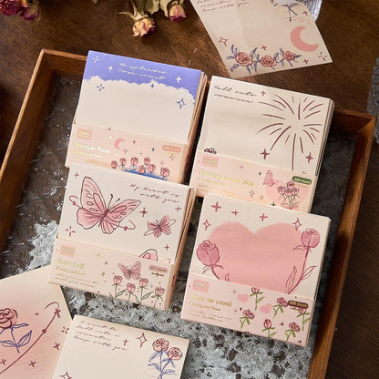 Romantic Sticky Notes Set, Multicolour, Over 200 Rectangular Self-Stick Memo Pads with Delicate Heart, Rose & Butterfly Designs for Journaling, Office, Creative Projects (pack-1)