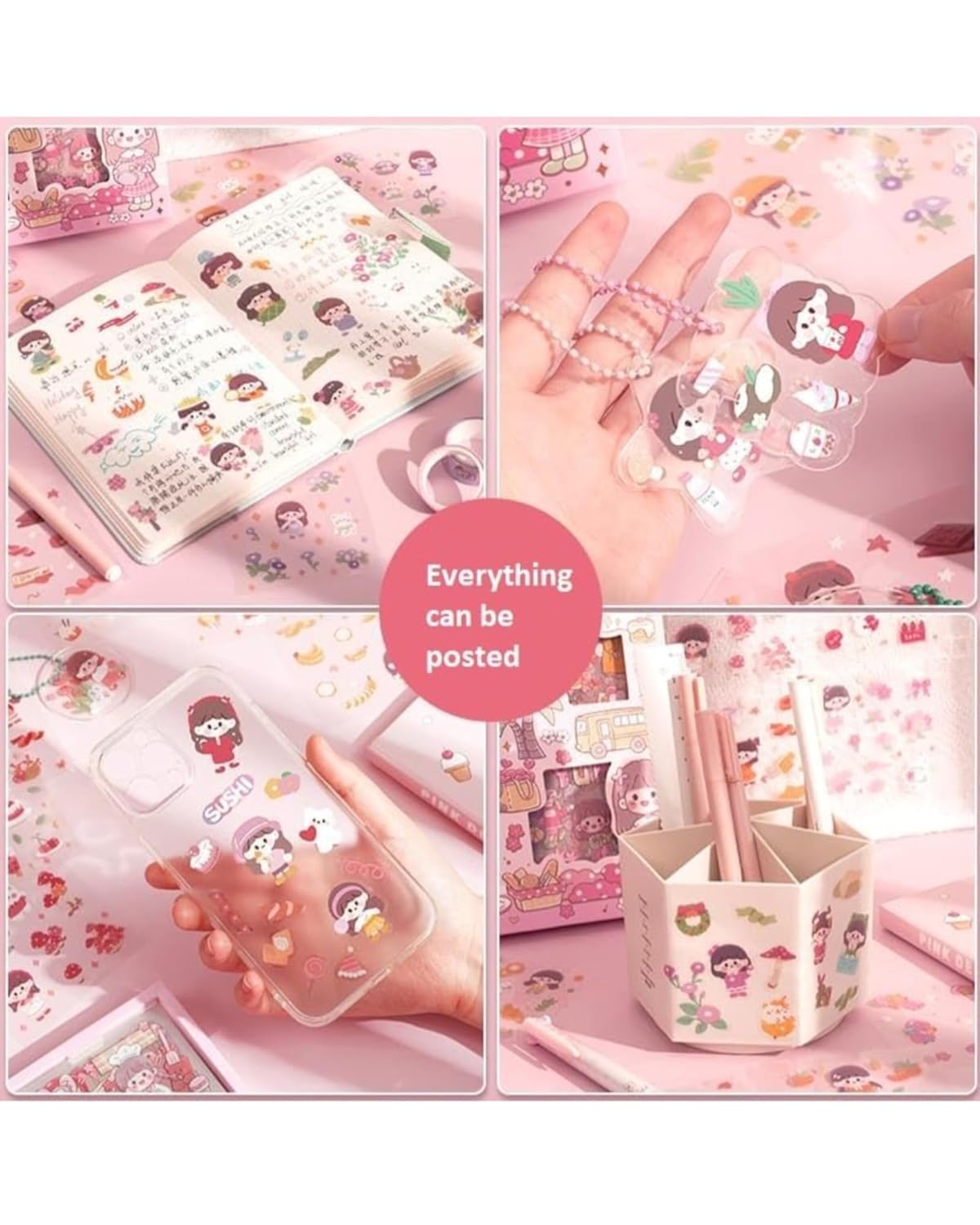 kawaii self adhesive floor stickers -100 sheets cute washi for project, japanese style girls sticker set, scrapbooking, diy arts crafts (assorted design) 18 x 18 x 2 cms, pvc.