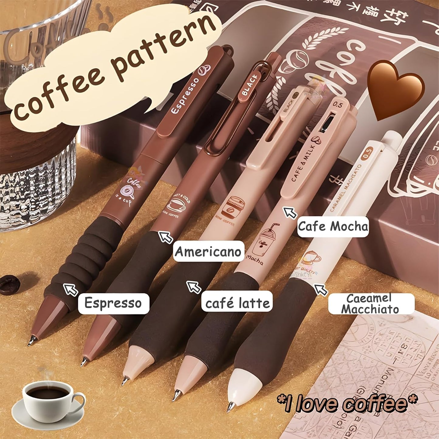 coffee theme kawaii japanese stationary items - 0.5mm retractable blue ink gel pens set of 5, cute pen for school, college teenagers, aesthetic office use