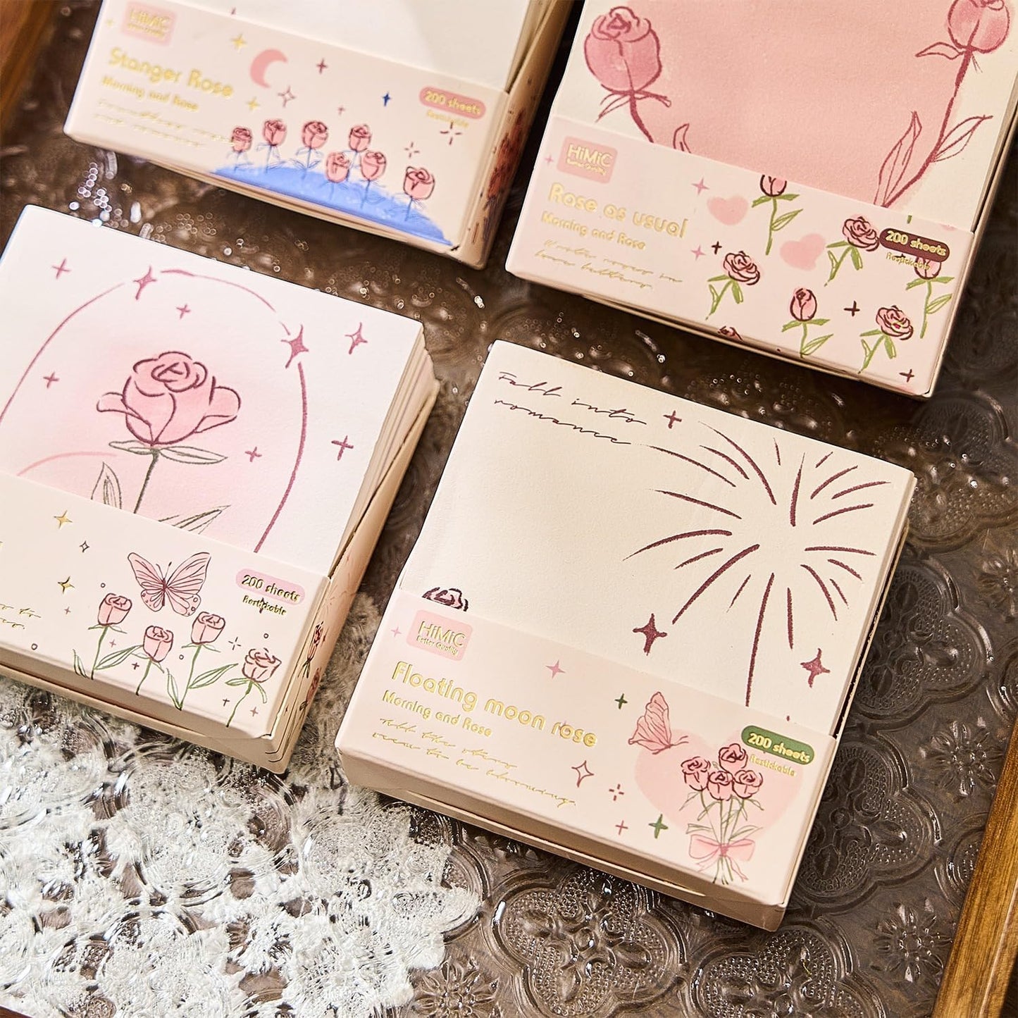 romantic sticky notes set, multicolour, over 200 rectangular self-stick memo pads with delicate heart, rose & butterfly designs for journaling, office, creative projects (pack-1)