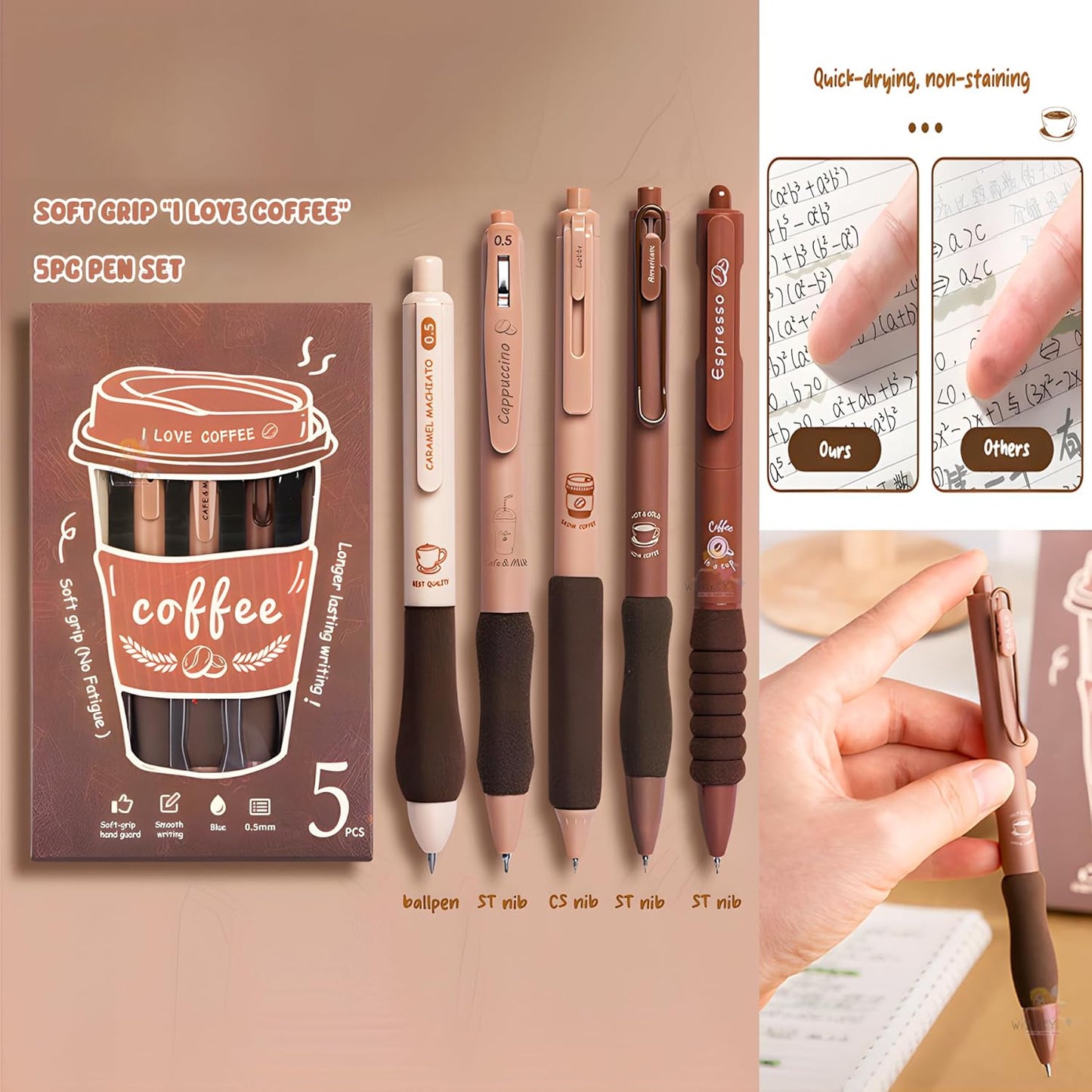 coffee theme kawaii japanese stationary items - 0.5mm retractable blue ink gel pens set of 5, cute pen for school, college teenagers, aesthetic office use
